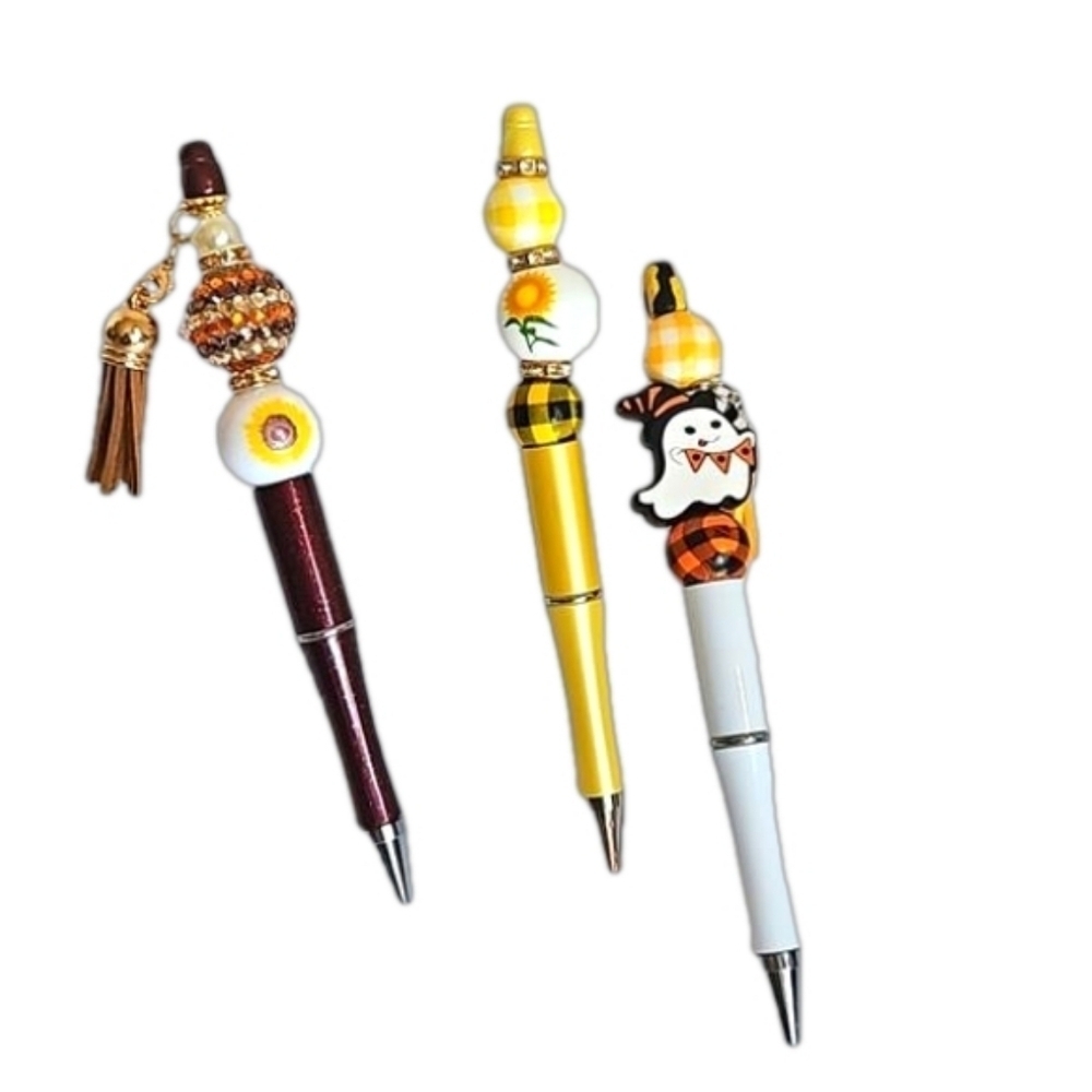 Hand Crafted 3 Set Pens Black Ink Beaded Sunflower Harvest Halloween Design